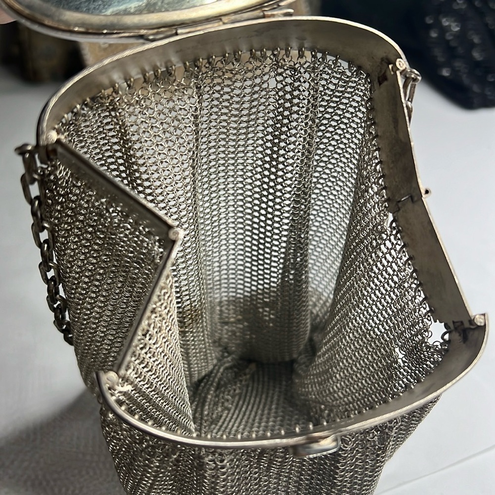 Antique Sterling Silver 925 Chain Mesh Expandable Top Snap Mirror Bag Super Rare - Picture 10 of 16